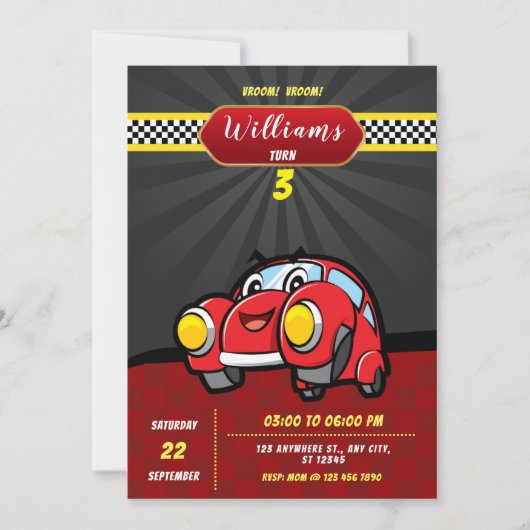 Invitation Enfants Racing Voitures Anniversaire Fête Invitati (Devant)
