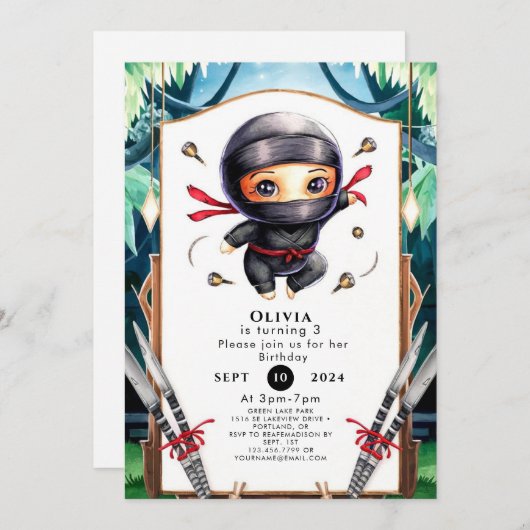 Invitation Enfants simples Ninja Anniversaire (Devant / Derrière)
