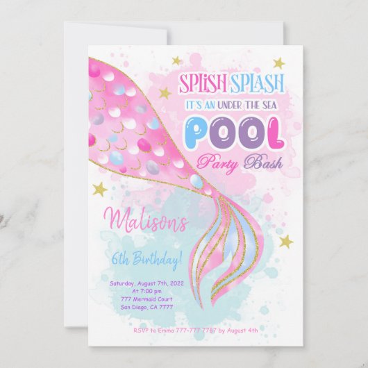 Invitation Enfants Sirène & Piscine (Devant)