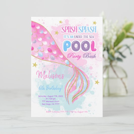 Invitation Enfants Sirène & Piscine (Debout devant)