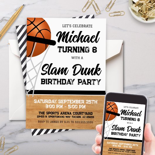 Invitation Enfants Slam Dunk Basketball fête d'anniversaire