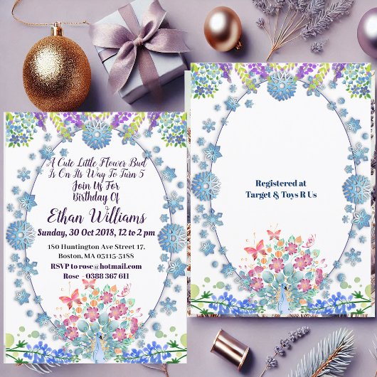 Invitation Enfants Soft Oval Bleu Petit Boule Fleur Anniversa