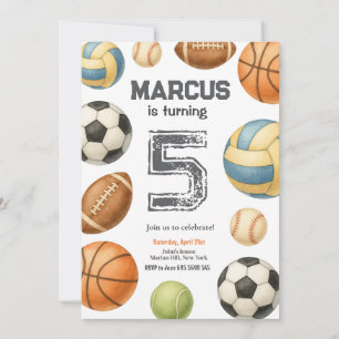 Invitation Enfants Sports Ball Watercolor Fête d'anniversaire
