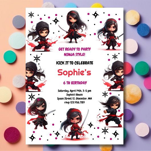 Invitation Enfants style Ninja fille anniversaire