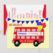 Invitation Enfants tous à bord Big Red Bus Party (Devant / Derrière)