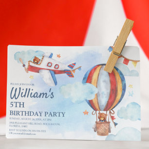 Invitation Enfants Vintage Aviation Aquarelle fête d'annivers