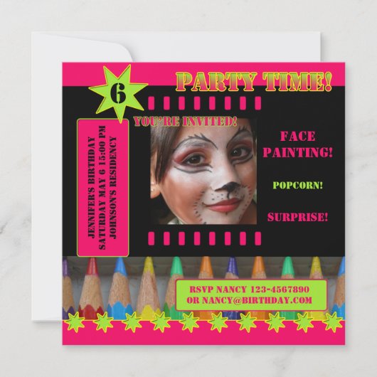 Invitation Enfants Visage Peinture Anniversaire Fête Invitati (Devant)
