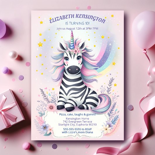 Invitation Enfants Zebra Unicorn Rainbow Birthday Party