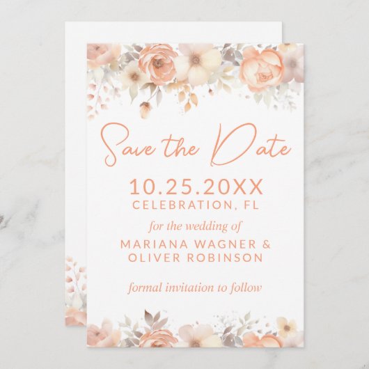 Invitation Enfiler des fleurs beiges en blanc Enregistrer la  (Devant / Derrière)