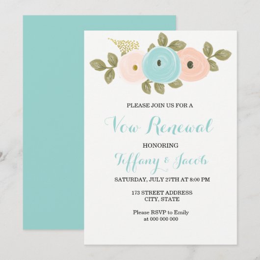 Invitation Enfiler Fleurs Turquoises Vow Renouvellement Invit (Devant / Derrière)