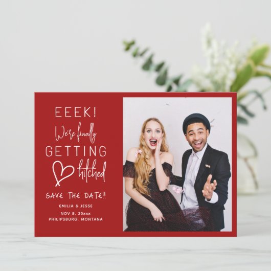 Invitation Enfin Obtenir Mariage Hitché Enregistrer La Date (Debout devant)