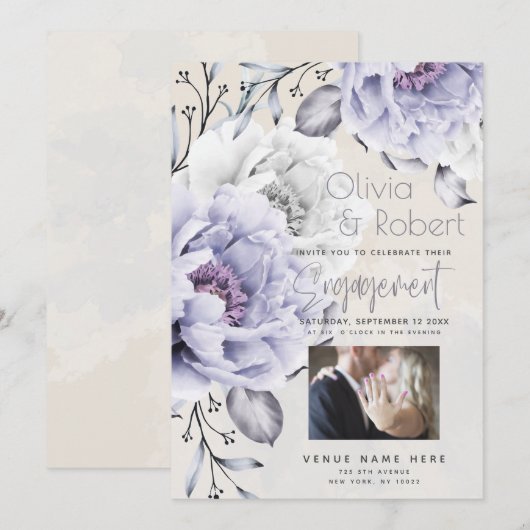 Invitation ENGAGEMENT | Lilas rustique et floraison de pivoin (Devant / Derrière)