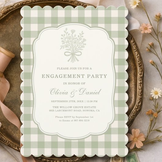 Invitation Engagement Party  Gingham Floral Sage Green