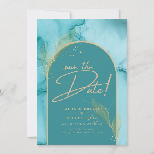 Invitation ENK Abstrait Turquoise Turquoise Gold Mariage DATE (Devant)