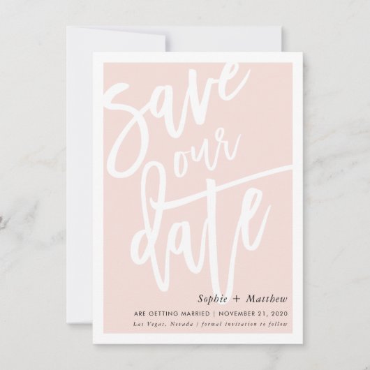 Invitation ENREGISTRER LA brosse DATE lettré script blush ros (Devant)