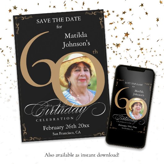 Invitation Enregistrer la date 60e anniversaire Gold et Black