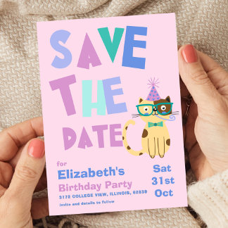 Invitation Enregistrer la date Anniversaire fête Cute Cat Kid