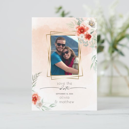 Invitation Enregistrer la date aquarelle Coral Flower cadre p (Debout devant)