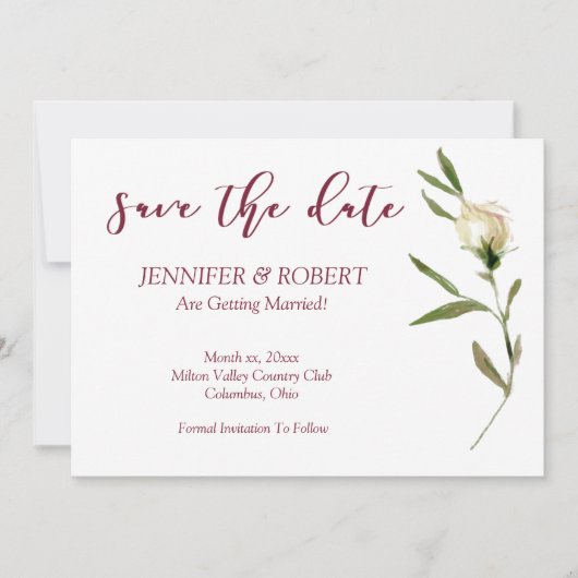 Invitation Enregistrer La Date Aquarelle Roses Blanches Cranb (Devant)