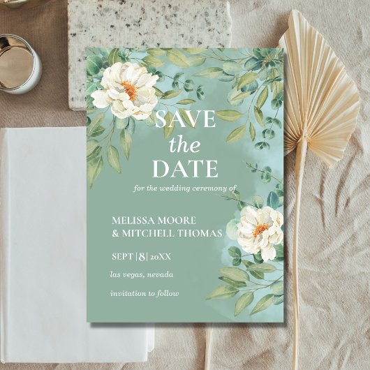 Invitation Enregistrer la date argent sauge eucalyptus fleur