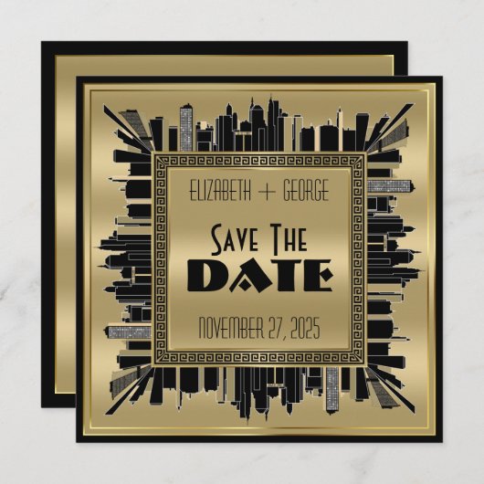 Invitation Enregistrer la date Art Déco Gatsby Glamor Gold Bl (Devant / Derrière)