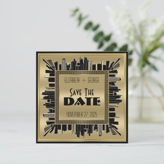 Invitation Enregistrer la date Art Déco Gatsby Glamor Gold Bl (Debout devant)