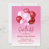 Invitation Enregistrer la date Baby shower rouge rose (Devant)