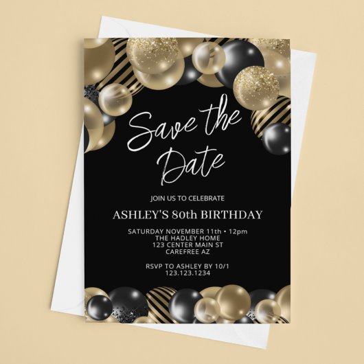 Invitation Enregistrer la date Black Gold 80e anniversaire