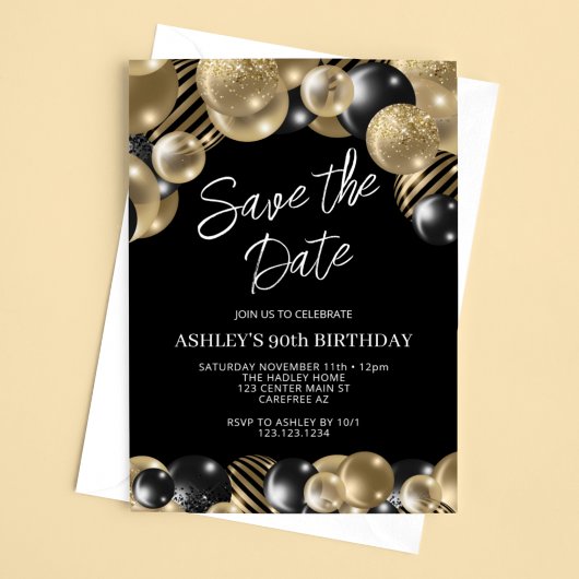Invitation Enregistrer la date Black Gold 90e anniversaire