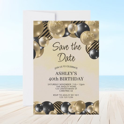 Invitation Enregistrer la date Black Gold Ballons 40e anniver