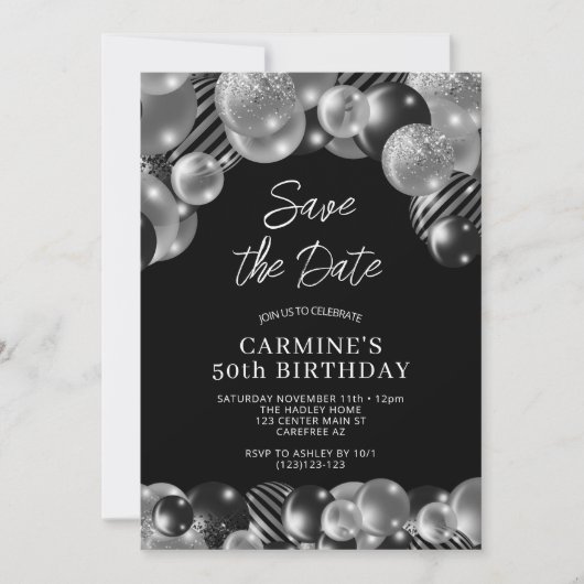 Invitation Enregistrer la date Black Silver 50e anniversaire (Devant)