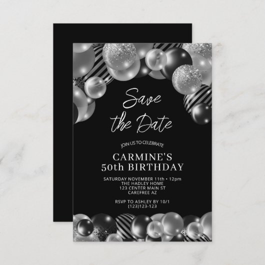 Invitation Enregistrer la date Black Silver 50e anniversaire (Devant / Derrière)