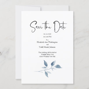 Invitation Enregistrer la date Bleu Aquarelle Feuilles bio