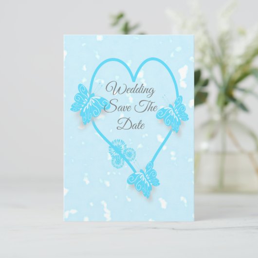 Invitation Enregistrer la date Bleu Coloured Heart Butterflie (Debout devant)