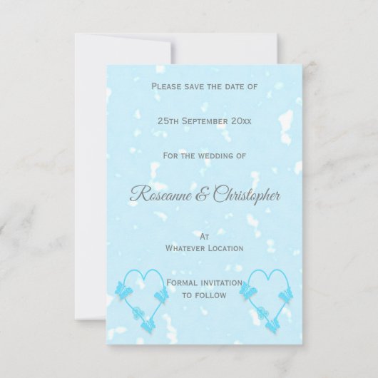 Invitation Enregistrer la date Bleu Coloured Heart Butterflie (Dos)