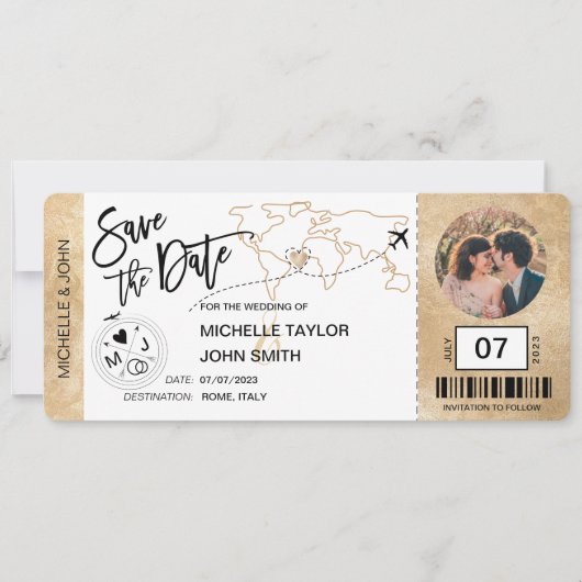Invitation Enregistrer la date Boarding Pass Simple World Map (Devant)