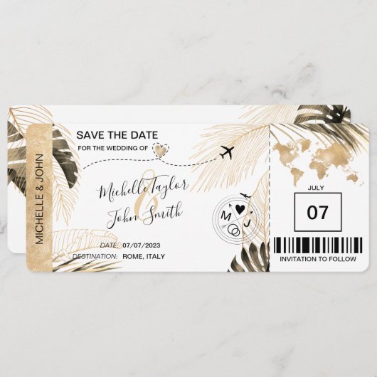 Invitation Enregistrer la date Boarding Pass World Map Beach (Devant / Derrière)