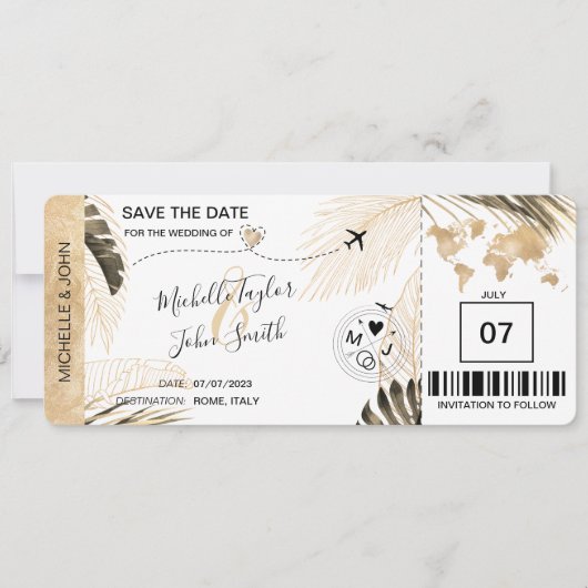 Invitation Enregistrer la date Boarding Pass World Map Beach (Devant)