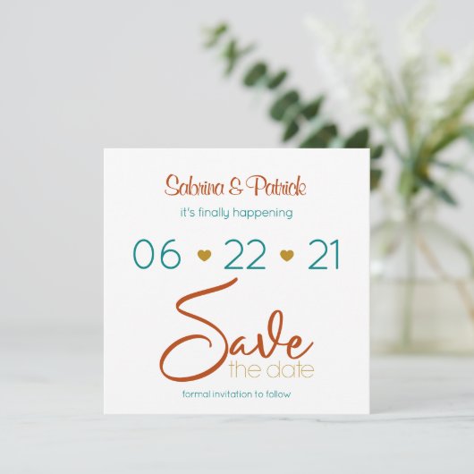 Invitation Enregistrer la date Bold Turquoise Rust Gold (Debout devant)