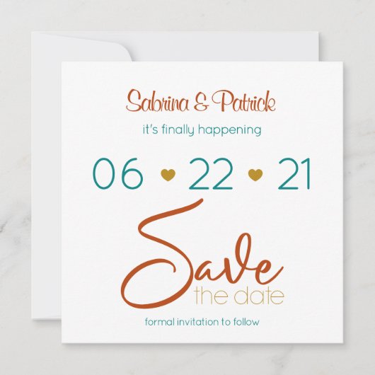 Invitation Enregistrer la date Bold Turquoise Rust Gold (Devant)