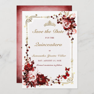 Invitation Enregistrer la date Bourgogne et Quinceanera Or