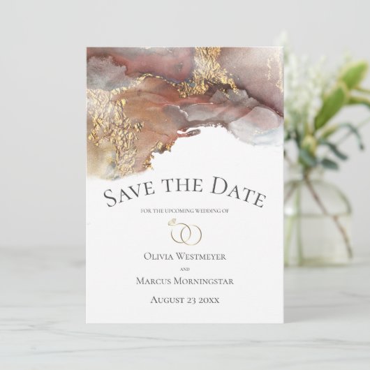 Invitation Enregistrer la date Bronze cuivre et or en encre m (Debout devant)