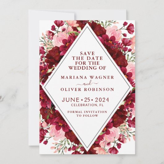 Invitation Enregistrer la date Burgundy et rose aquarelle Flo (Devant)