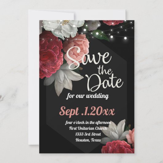 Invitation enregistrer la date Burgundy floral string light (Devant)