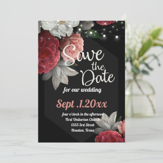 Invitation enregistrer la date Burgundy floral string light (Debout devant)