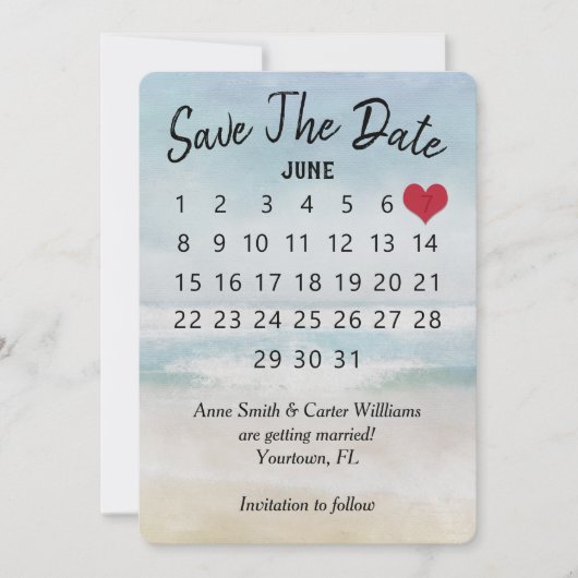 Invitation Enregistrer la date Calendrier Mariage Ocean Beach (Devant)