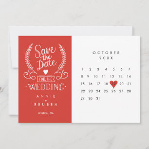 Invitation Enregistrer la date Calendrier Red Love Heart