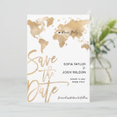 Invitation Enregistrer la date Destination World Map Gold Hea (Debout devant)