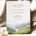 Invitation Enregistrer La Date Douro Valley Portugal Destinat<br><div class="desc">Annoncez votre mariage avec cette carte "Save the Date" de destination d'aquarelle, avec une représentation pittoresque de la vallée du Douro, Portugal. La carte présente un beau mélange de tons pastel doux, vert luxuriant, bleu tranquille et beige terreux. L'aquarelle détaillée de l'oeuvre saisit l'essence des vignobles vallonnés de la Vallée...</div>