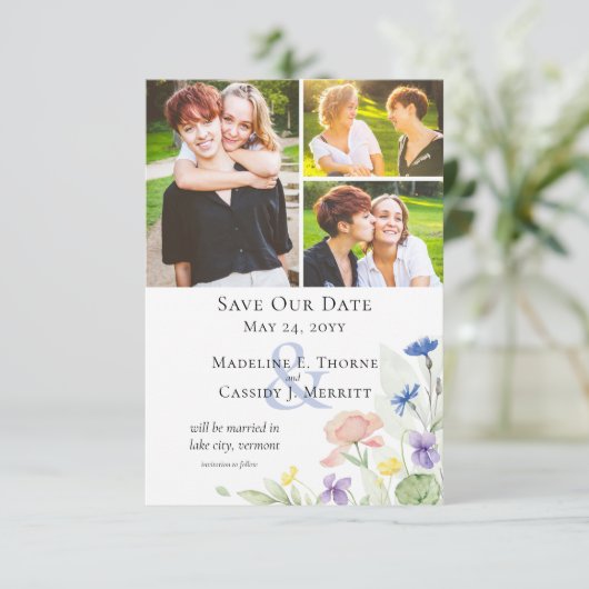 Invitation Enregistrer la date Elegant Fleurs sauvages aquare (Debout devant)